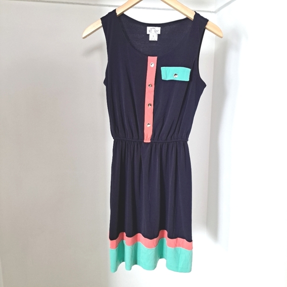 Sweet storm | Navy blue Colorful pastel sleevless womens dress & stretchy waist - Picture 4 of 12